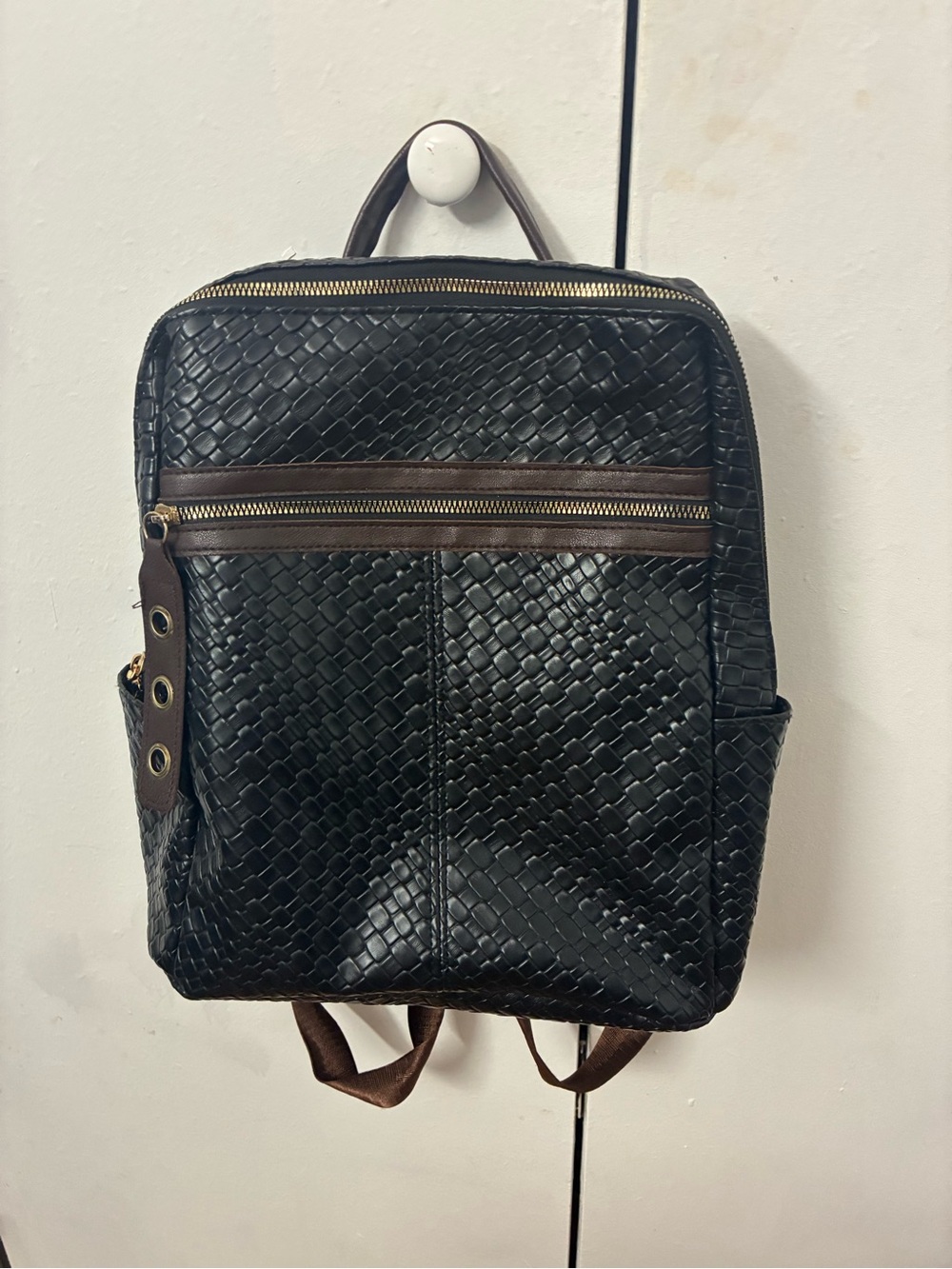 Woven Leather-Style Men's Backpack in Black and Brown